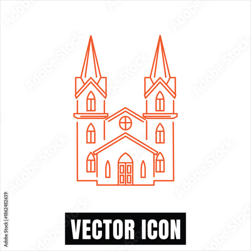 Orange Outline Church Icon with Towers and Cross Vector Illustration