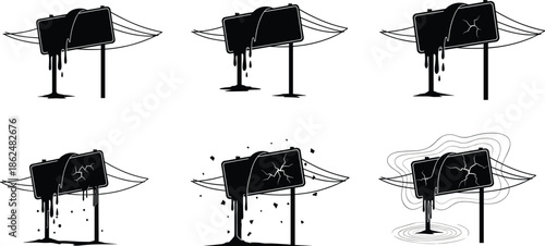 Melting cracked signboard silhouette with dripping damage, broken signage distortion effects, abstract decay illustration, creative vector concept showing destruction and visual deformation
