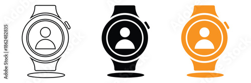 Smartwatch icons with user profiles in black, white, and orange,Smartwatch icon. Modern Watch symbol sign, simple, vector, icon for website design, mobile app, ui.Smart watch icon in flat style.