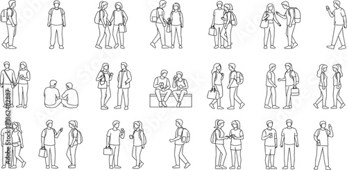 Minimal student interaction, line art people, casual posture illustration, young adults communication, backpack figures, monochrome sketch, modern lifestyle, education concept
