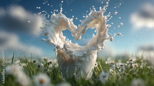 Fresh Love milk from pitcher into the glass with grass field and cows with a natural background,fresh milk ad template banner,Cows live on natural pastures, packaging with milk packs concept.