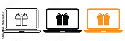 Laptops with gift boxes on screens in black, white, and orange,Click in laptop vector icon. Concept of using a personal computer. Vector illustration on white background.