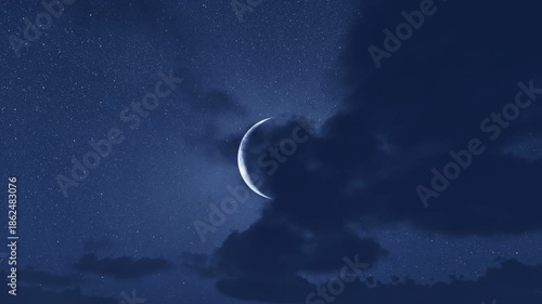Time Lapse of bright  moon in the form of a crescent over a dark blue sky. 3D animation.