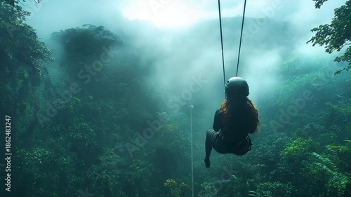 Woman on a Swing Over a Misty Tropical Rainforest Canopy.