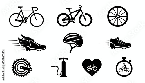 Bicycle Icons Set Black Silhouette – Cycling Equipment and Sport Symbols Vector