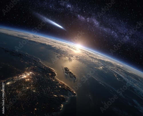 Earth rising from space, sunrise over Europe