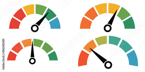 Speedometer Icon Set, Performance Dial Bar and Power Level Measure Vector Illustration, Infographic Dashboard Chart with Arrow Sign