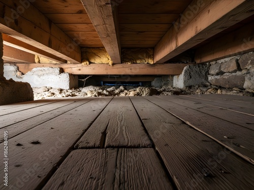 Low, damp crawl space with wooden beam and joist decay, foundation wall and soil showing need for crawl space repair, background, wallpaper