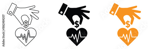 Financial support for heart health care and medical funding,Hand put coin in heart illustration. Invest to your health or your love illustration. Vector concept.