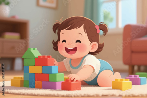Illustration Of A Baby Playing With Building Blocks, Vector Design Template