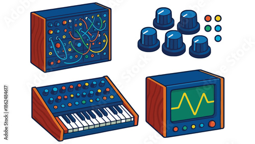 A collection of vintage electronic music synthesizers and equipment.