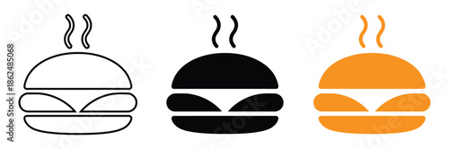 Variety of steaming hot burger icons in different colors,Burger icon. Fast food. Cheeseburger. Meal. Takeaway. Vector icon isolated on white background.