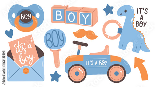 A collection of blue and orange baby boy themed illustrations.