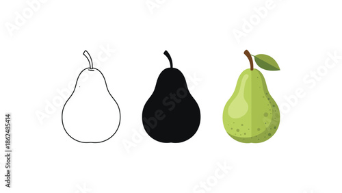 Three pears are shown in different styles: outline, silhouette, and realistic.