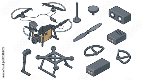 A drone and its various components are laid out on a white background.