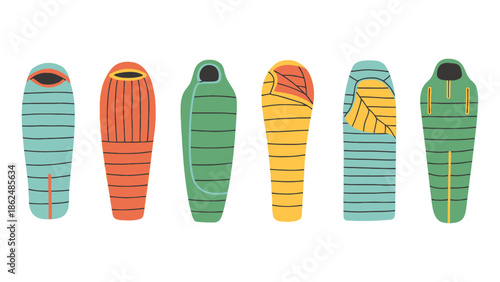 A collection of six colorful sleeping bags arranged in a row on a white background.