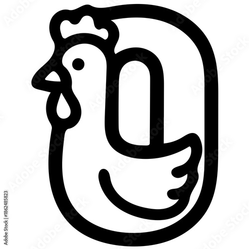 Stylized chicken head in bold black lines on white background