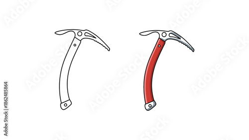Two ice axes are shown, one outlined and one colored red.