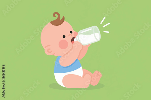 Illustration Of A Thirsty Baby Enjoying Milk In A Bottle Vector Design Template