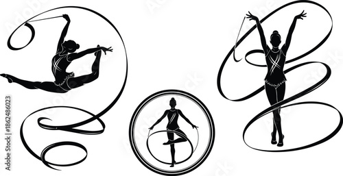 Set of black silhouette vector illustrations of rhythmic gymnasts dancing with ribbons representing sport competition and artistic flexibility. (18 words)
