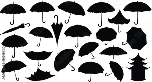 Set of black umbrella silhouettes in various shapes and styles for rainy season vector design and weather illustration.