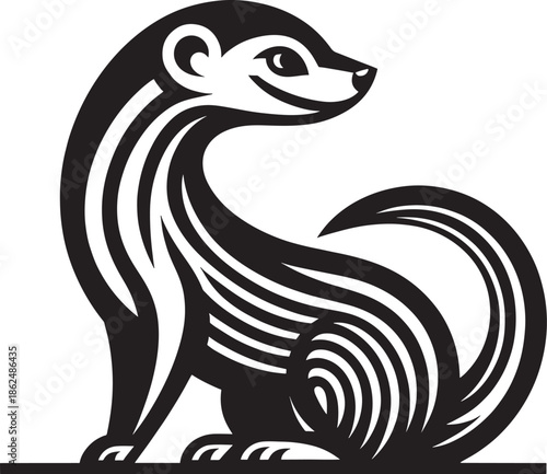 A cute black and white vector illustration of a cartoon duck silhouette with wings and a beak, designed as a wildlife animal icon for nature and water bird clip art