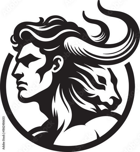 A tribal vector illustration of a black lion head silhouette and a woman face symbol represents the artistic fusion of the zodiac signs Gemini and Leo