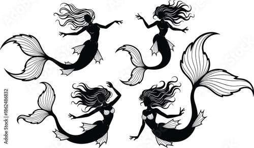 Set of black silhouette vector illustrations of swimming mermaids with long flowing hair and fish tails representing fantasy ocean mythology. (20 words)