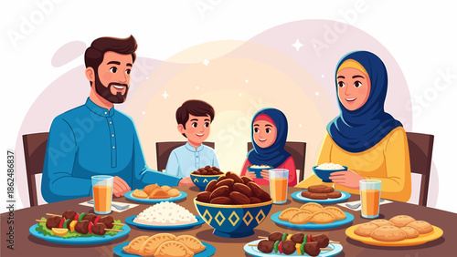 A Muslim family, including parents and two children, enjoying a traditional meal together at a dining table, celebrating a special occasion like Iftar.
