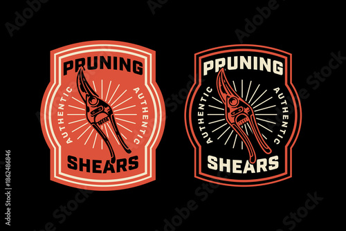 Pruning shear tool retro badge logo design set for gardening. Hand pruners vintage patch symbol graphic pack for horticulture. Garden cutting shears rustic emblem element bundle for landscape