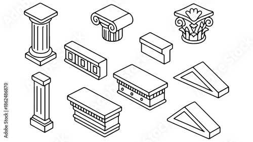 A collection of architectural elements and decorative moldings in an isometric view.