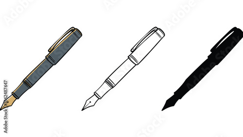 Three different styles of fountain pens are shown on a white background.