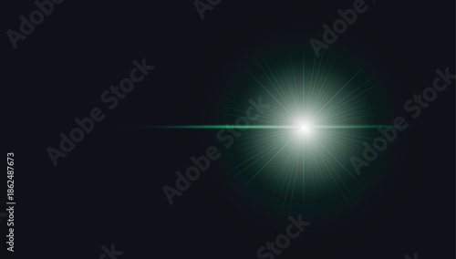 Bright Green Lens Flare with Horizontal Streak on Black Background