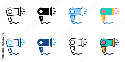 Hairdryer icons set multiple style collection. Editable stroke 
