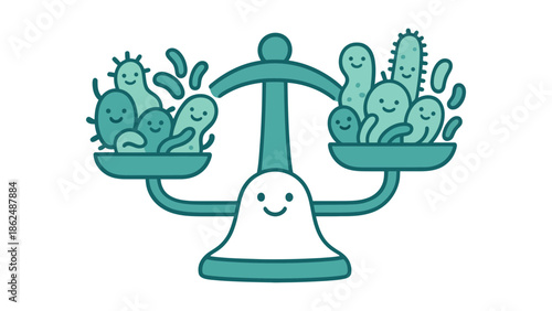 Cute cartoon bacteria are balanced on a scale.