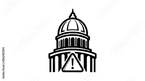 A government building with a warning sign in front of it.