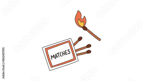 A lit match is held above a box of matches on a white background.