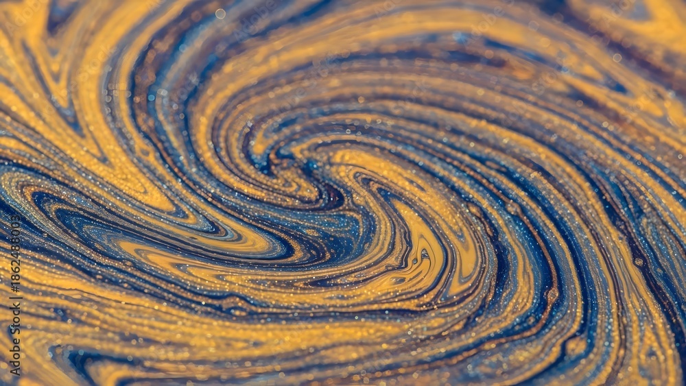 Fototapeta premium Abstract swirling gold and blue liquid texture with metallic glitter, macro fluid art background