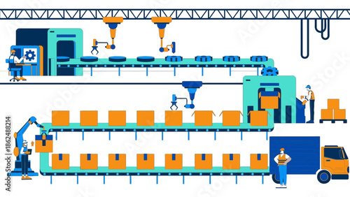 Automated factory production line with robots and workers assembling products.