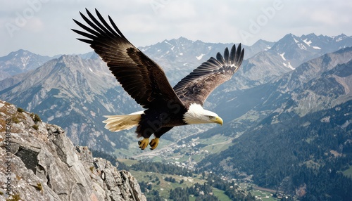A proud bald eagle glides gracefully with its mighty wings outstretched above a breathtaking panorama of rugged mountains and a charming village nestled in the valley below, under a cloudy sky.