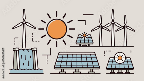 Clean Energy Illustration Wind Turbines, Solar Panels, Hydropower Dam