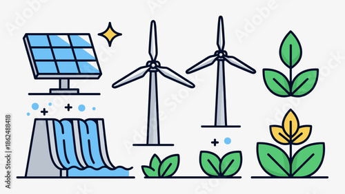 Renewable Energy Sources and Nature Icons for Sustainability