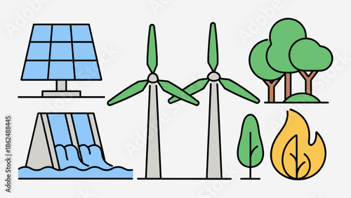 Collection of Renewable Energy and Nature Icons for Sustainability
