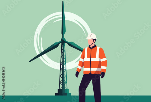 Worker in Safety Gear Standing Before a Large Wind Turbine