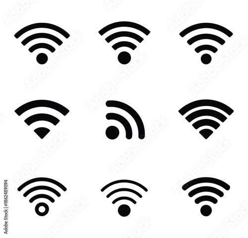 Wi-Fi Signal Icon Set, Including Wireless Connectivity Symbols, Internet Signal Indicators