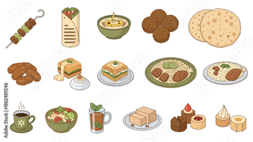 Middle Eastern Cuisine Vector Collection: Traditional Food and Drinks like Kebab, Hummus, Baklava, Shawarma, and Mint Tea