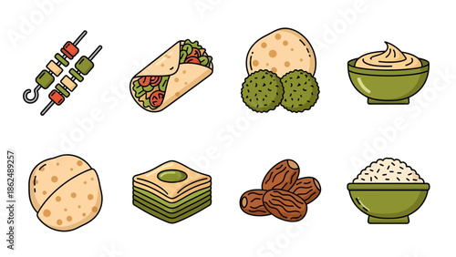Middle Eastern Food Icon Set: Vector Illustration of Kebab, Falafel, Hummus, Shawarma, and Baklava