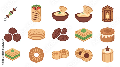 Middle Eastern Food Vector Icon Set, Arabic Cuisine Collection, Halal Dishes, Ramadhan Food, Baklava, Dates, Falafel, Hummus, and Shawarma Flat Illustration