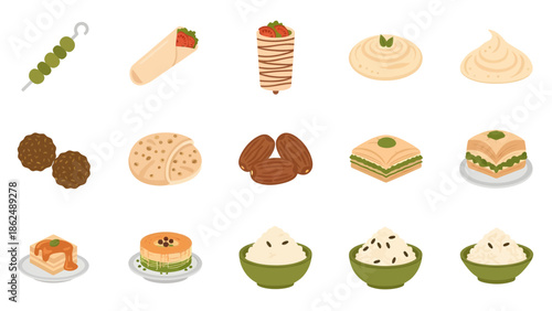 Middle Eastern Food Icon Set, Arabic Cuisine Collection, Halal Dishes, Rice Bowls, Baklava, Kunafa, Shawarma, and Dates, Traditional Ramadan Culinary Vector Illustration