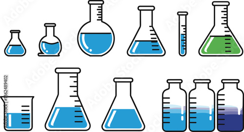Set of colorful laboratory glassware vector illustration with liquids, flasks, beakers, and test tubes for chemistry science education.